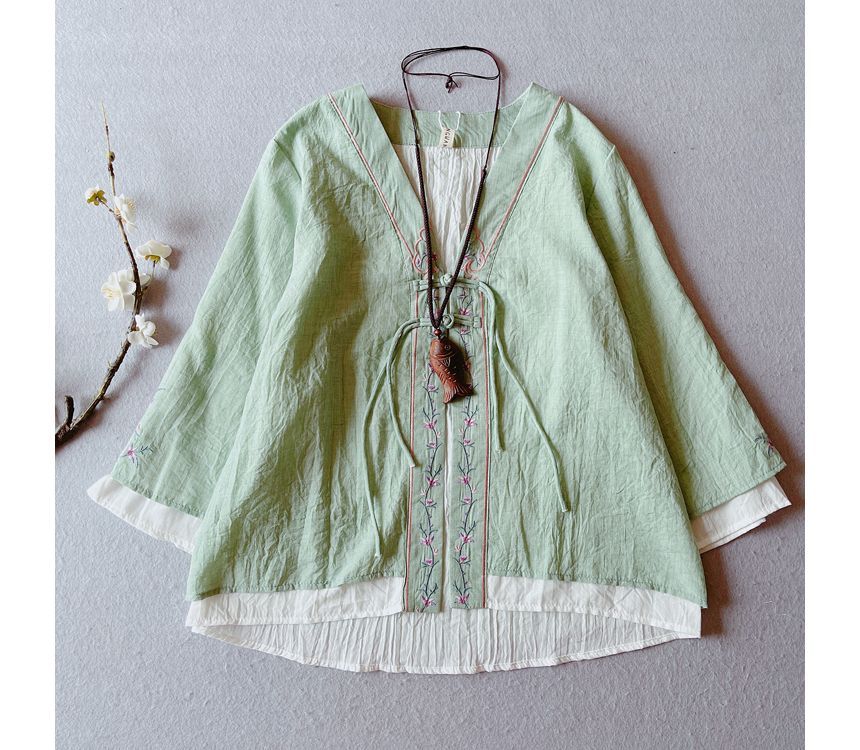 CosmoCorner - Hanfu-blouse met wijde mouwen en geborduurde bloemen