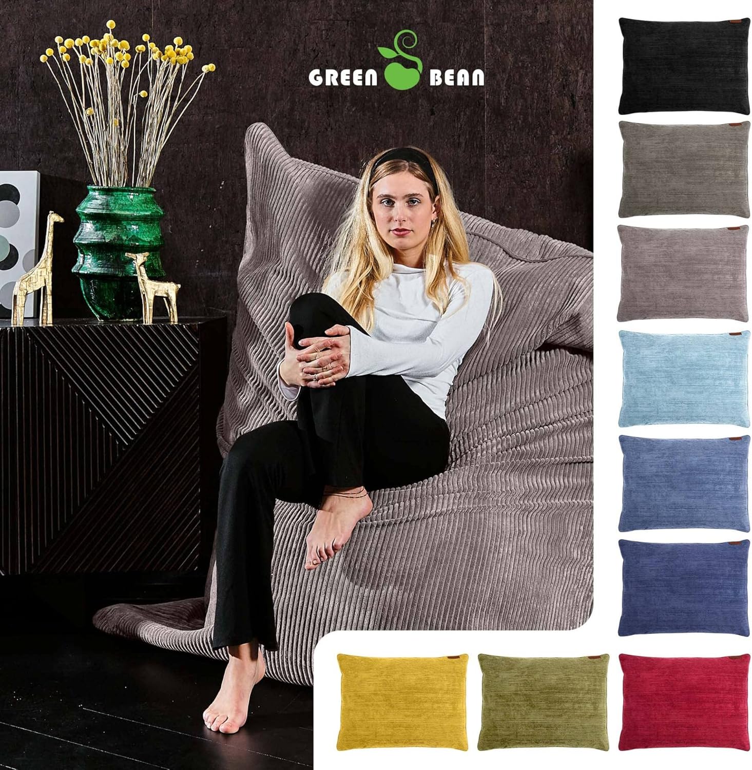 Green Bean XXL Sitzsack aus Cordstoff 370 Liter EPS-Perlen Füllung - Kuschelig Weich Robust & Waschbarem-Stoff Bodenkissen Liegekissen Sitzkissen - Grau