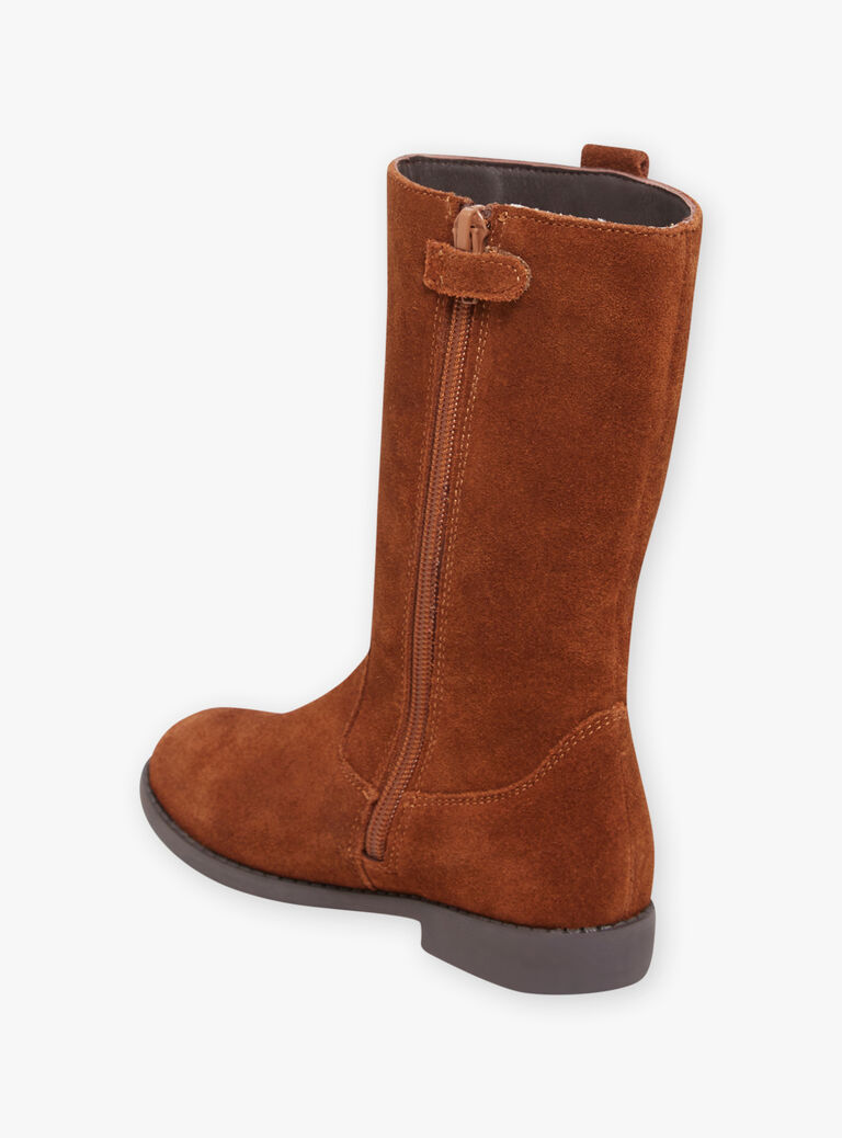 Bottes montantes camel en cuir et pompons enfant fille
