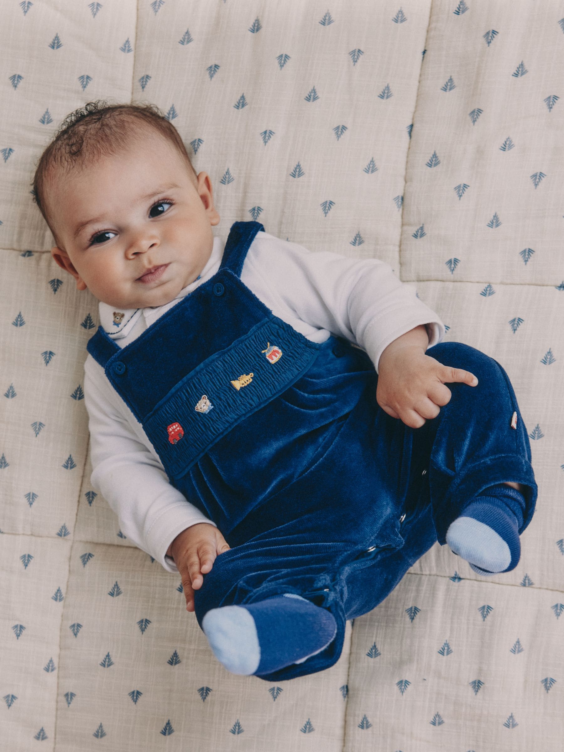 Marineblauw met berenprint - Baby Velour Dungarees and Bodysuit Set (0mths-3yrs)