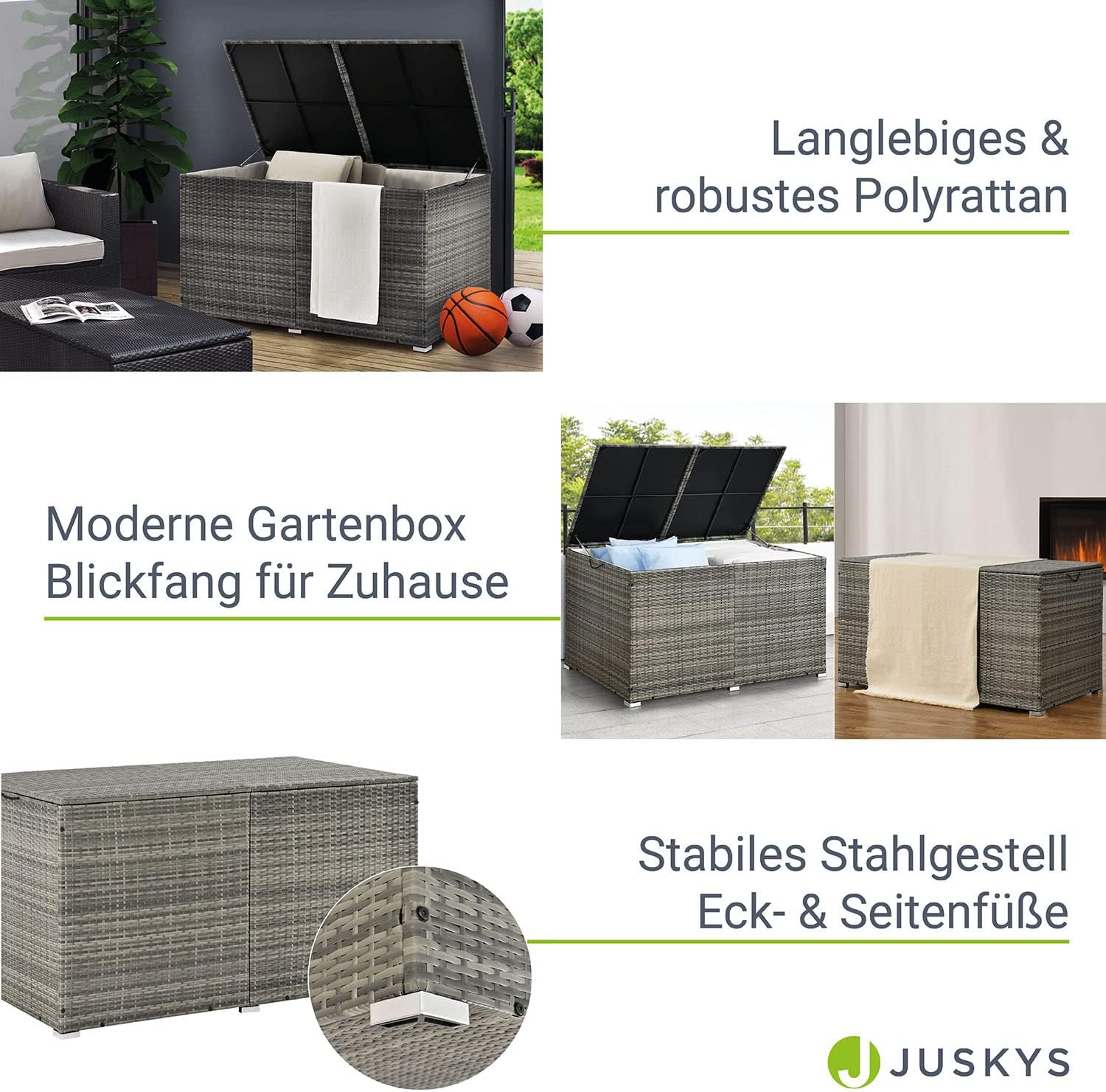 Juskys Polyrattan Auflagenbox Ikaria 950 L inkl. Deckel mit Hubautomatik & Innenplane - Kissenbox 145 x 82 x 79 cm für Garten - Gartenbox grau-meliert