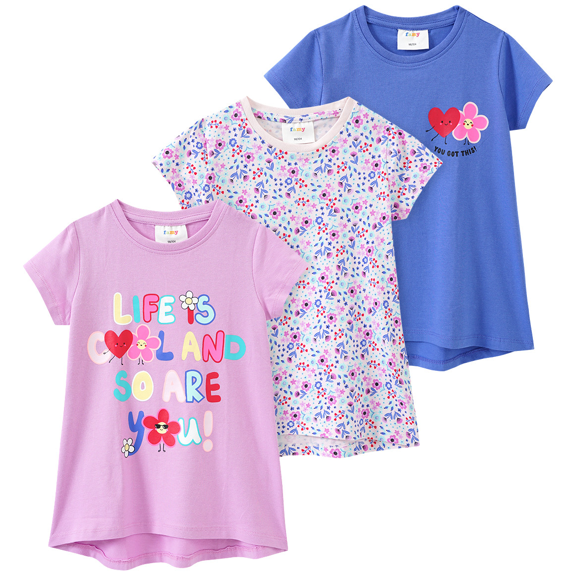 Famy 3 Mädchen T-Shirts mit bunten Motiven helllila / blau / zartrosa