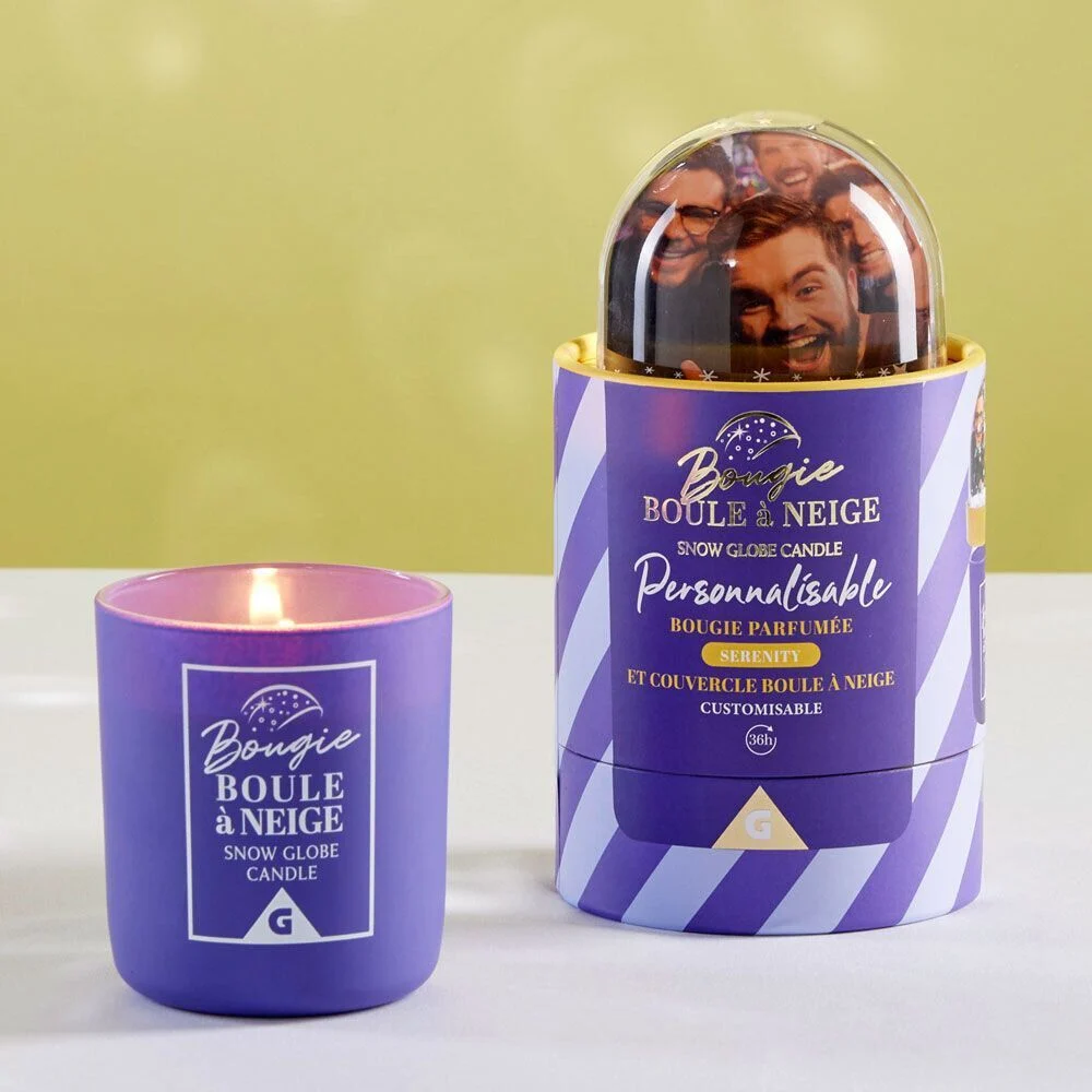 Bougie parfumée Sérénité couvercle boule à neige personnalisable violet
