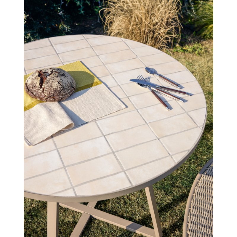 Table ronde Tella en acier galvanisé taupe et céramique beige Ø 90 cm