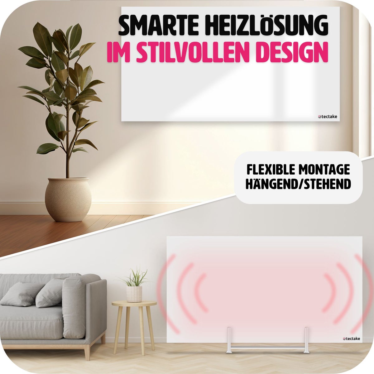 tectake frameloze hybride infraroodstraler met thermostaat, eenvoudige wand- of plafondmontage, standaard inbegrepen