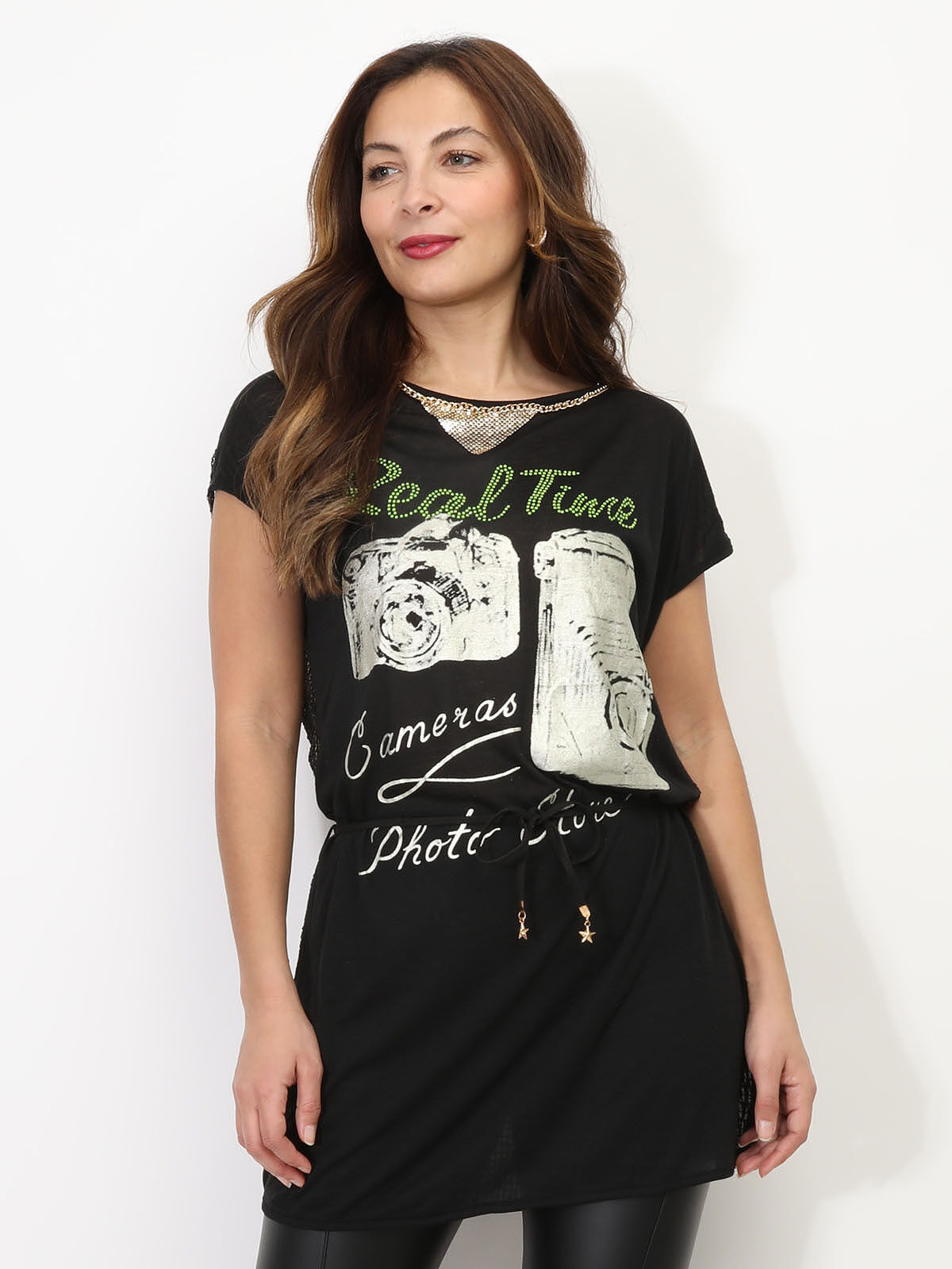 T-shirt long transparent à imprimés- Noir