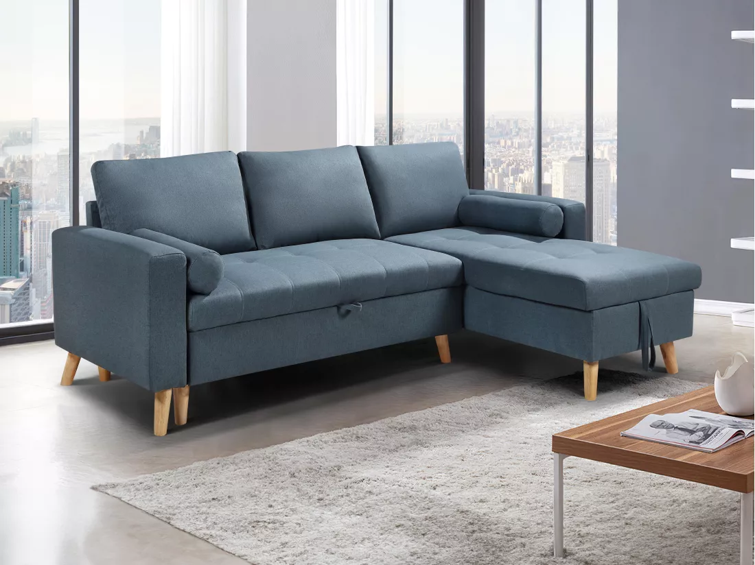 Canapé d'angle convertible et réversible en tissu bleu canard avec coffre de rangement KORI