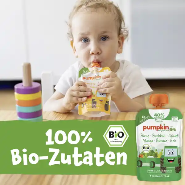 Bio Quetschie mit Birne, Brokkoli, Spinat, Mango, Banane & Reis
