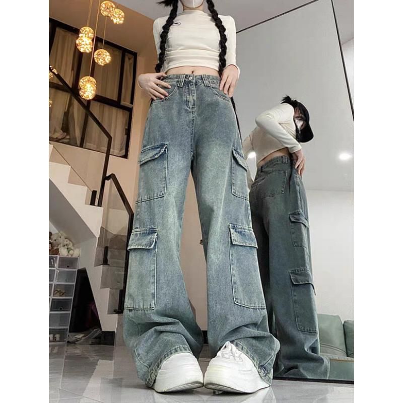 Porstina - Mid Waist Washed Wide Leg Cargo Jeans