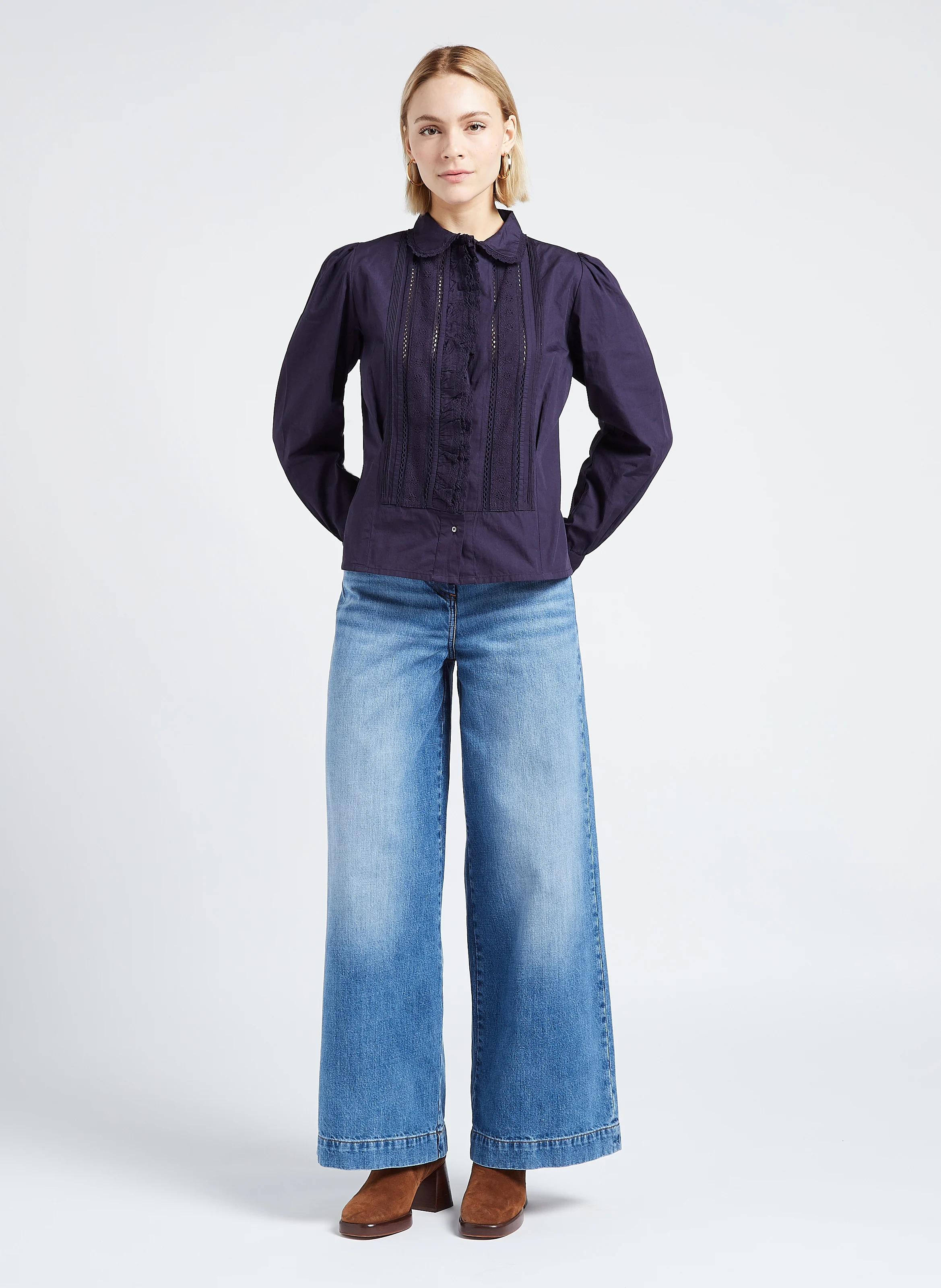 DIANE - Chemise col claudine en popeline de coton| Bleu