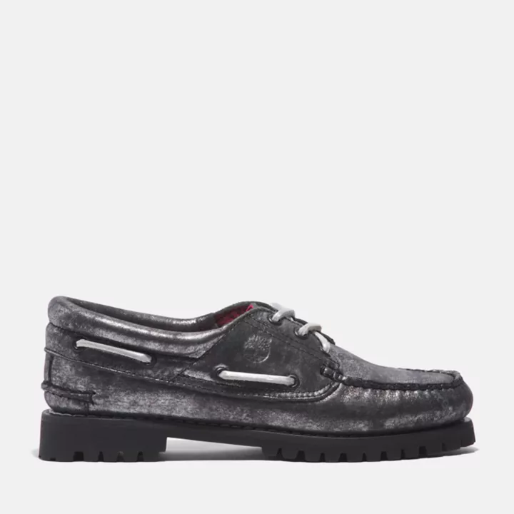 Chaussure bateau Noreen cousue main à 3 œillets pour femme en noir