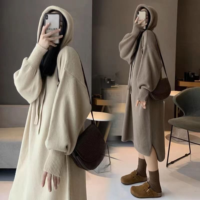aistera - Lange mouwen effen gebreide midi hoodiejurk