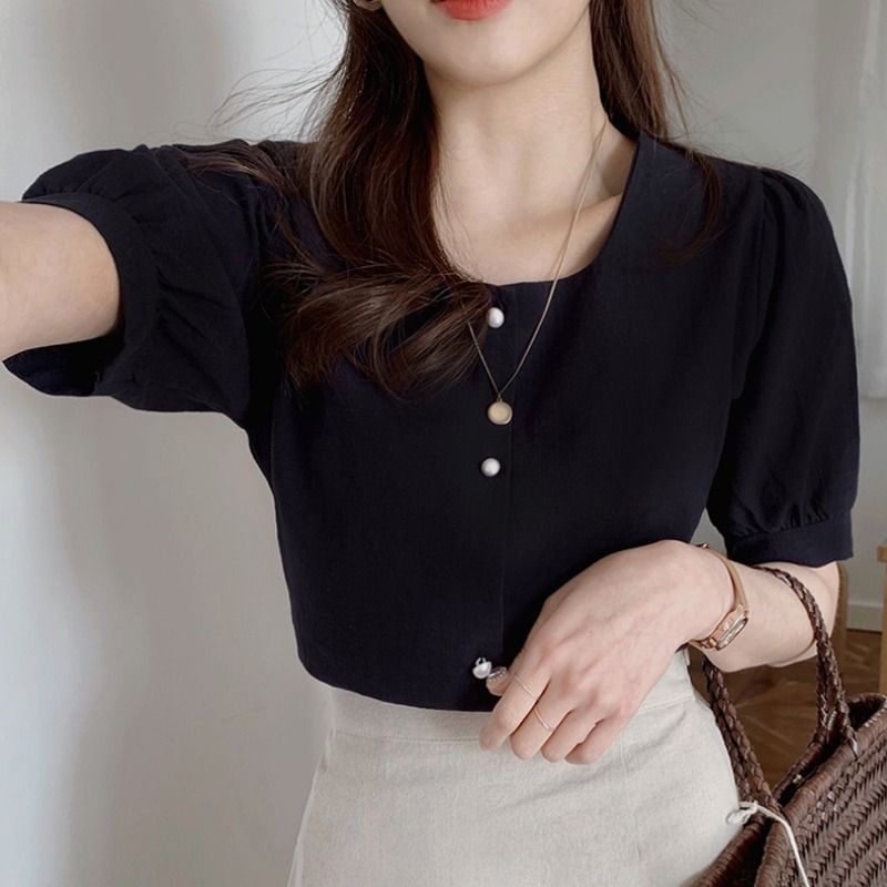ISSOL - Blouse met pofmouwen en vierkante hals
