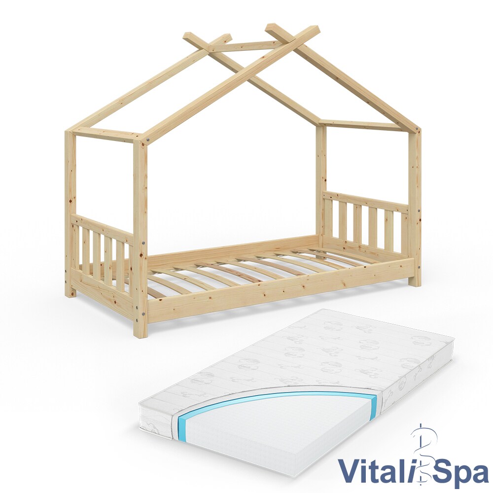 VITALISPA Kinderbett Hausbett DESIGN 80x160cm Natur Zaun Kinder Holz Haus Hausbett mit Matratze