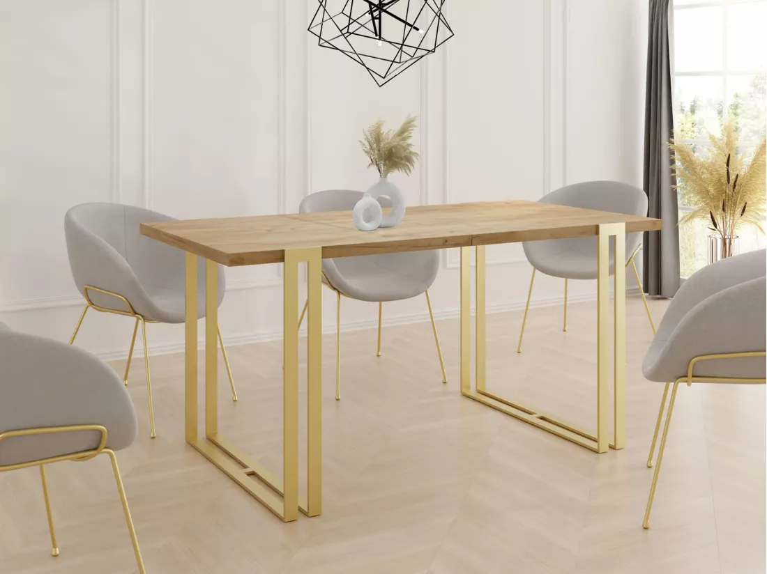 Table à Manger Extensible - Table Style Loft En Métal - Table Style Industriel Pour Le Salon - Gain De Place - 140 / 240 Cm - Chêne Craft/doré - 140 X 80 Cm
