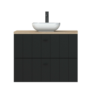 Tiger Maryport Badkamermeubelset 80 cm Mat zwart met licht eiken houten wasblad, keramische opzetkom en matzwarte grepen