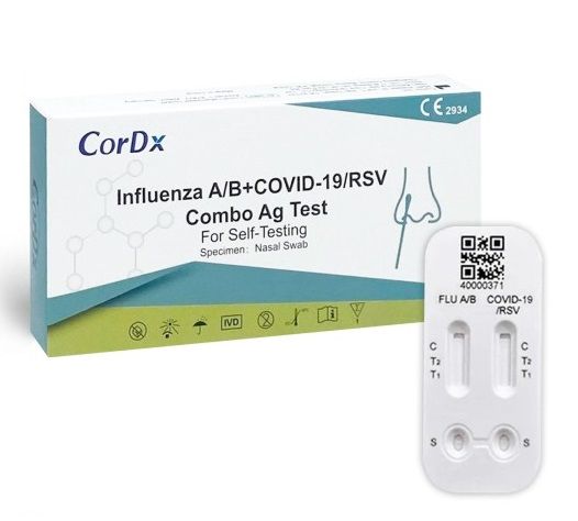 4 in 1 CorDx Kombi + Influenza A + B RSV Viren + Corona COVID-19 Schnelltest + Gratis Desinfektion