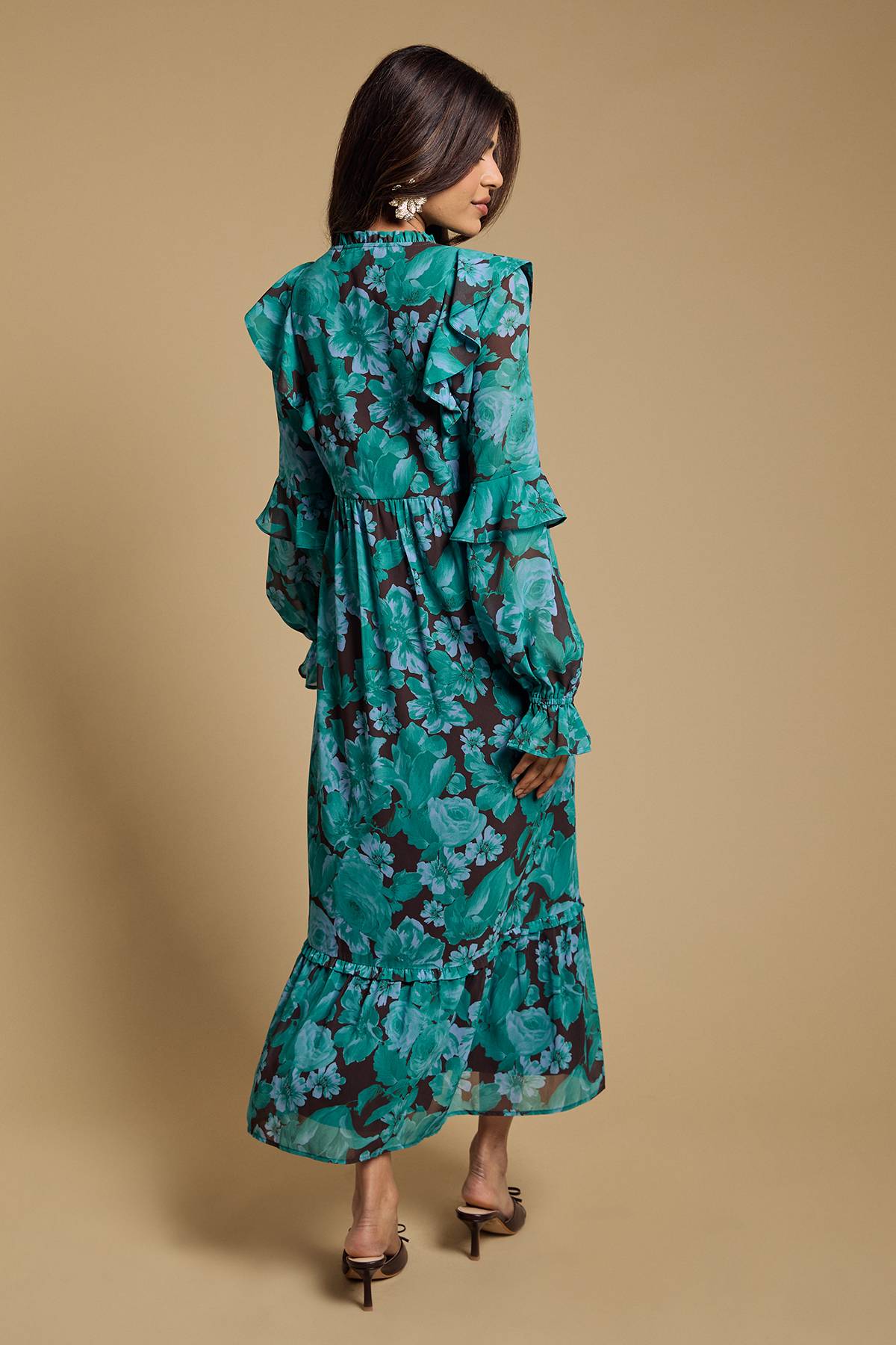 Oasis Robe Maxi Étagée En Mousseline À Volants Et Manches Longues Petite Taille