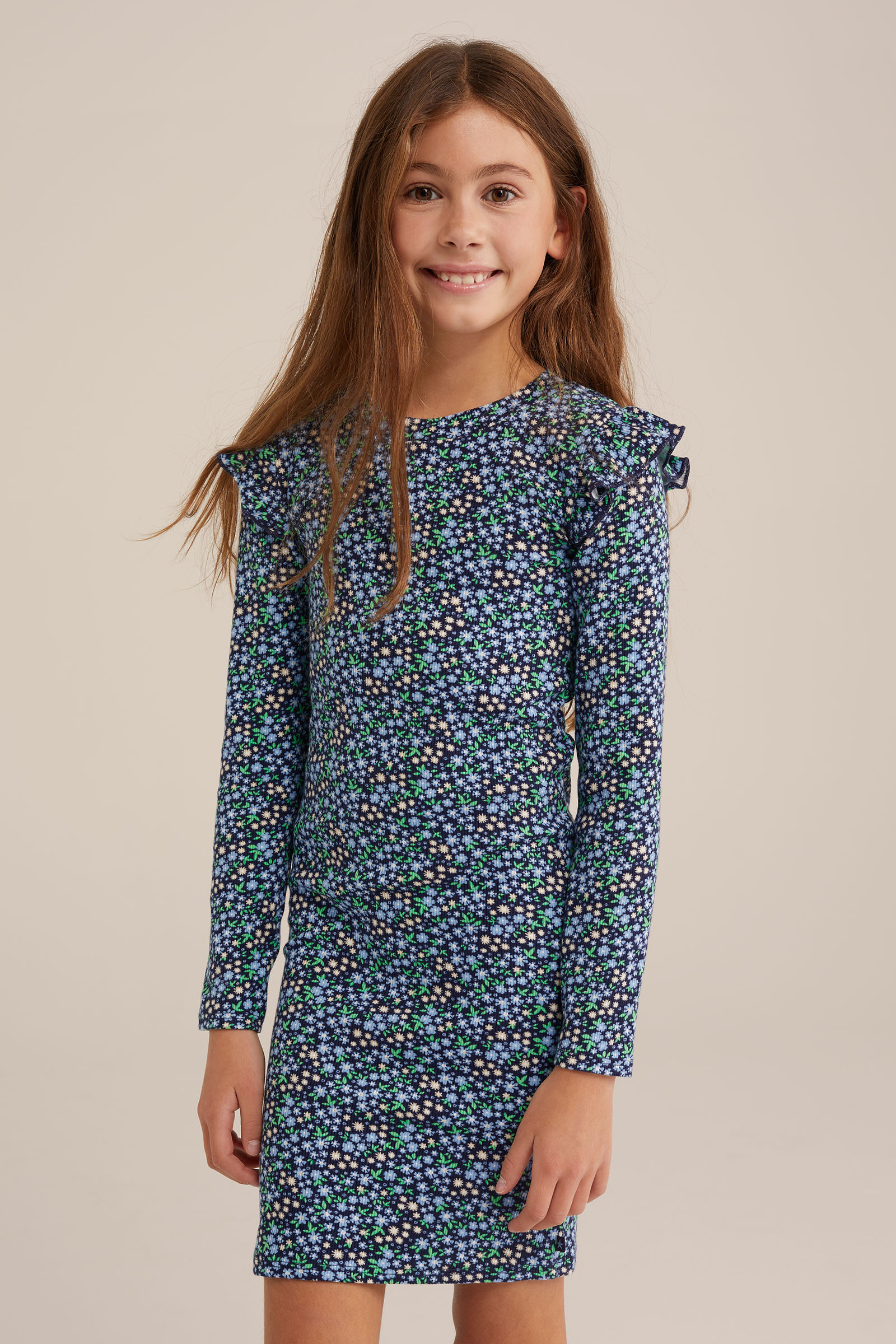Meisjes jurk met rib structuur WE Fashion Donkerblauw