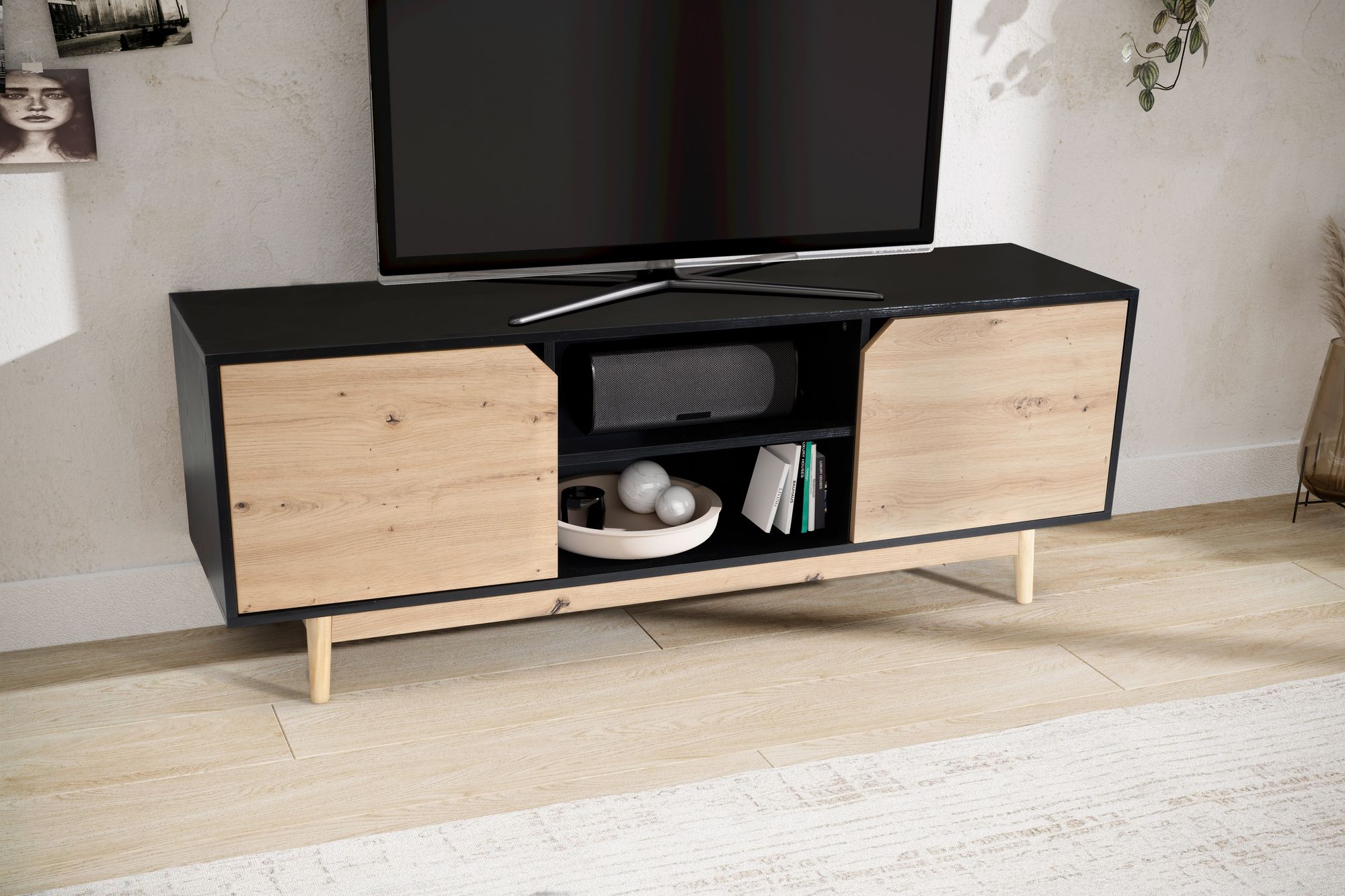 Lowboard FineBuy TV Schrank 150 cm Fernsehkommode Fernsehschrank Schwarz Eiche