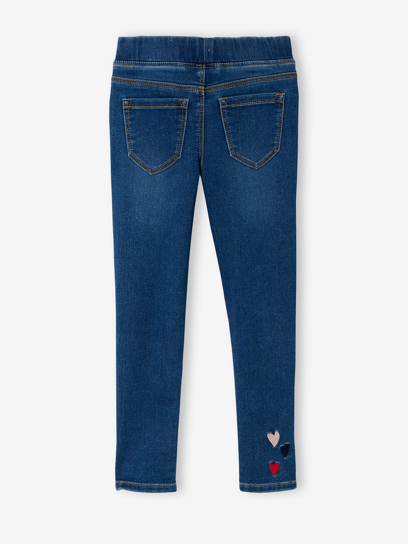 Calça legging feminina em tecido atoalhado bordado com efeito jeans, na cor cinza jeans.