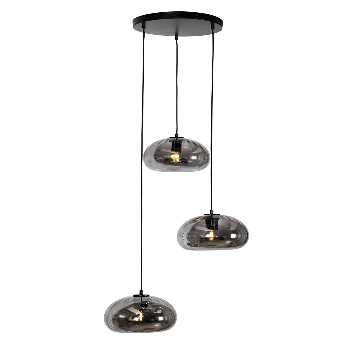 Art Deco hanglamp zwart met smoke glas rond 3-lichts - Ayesha