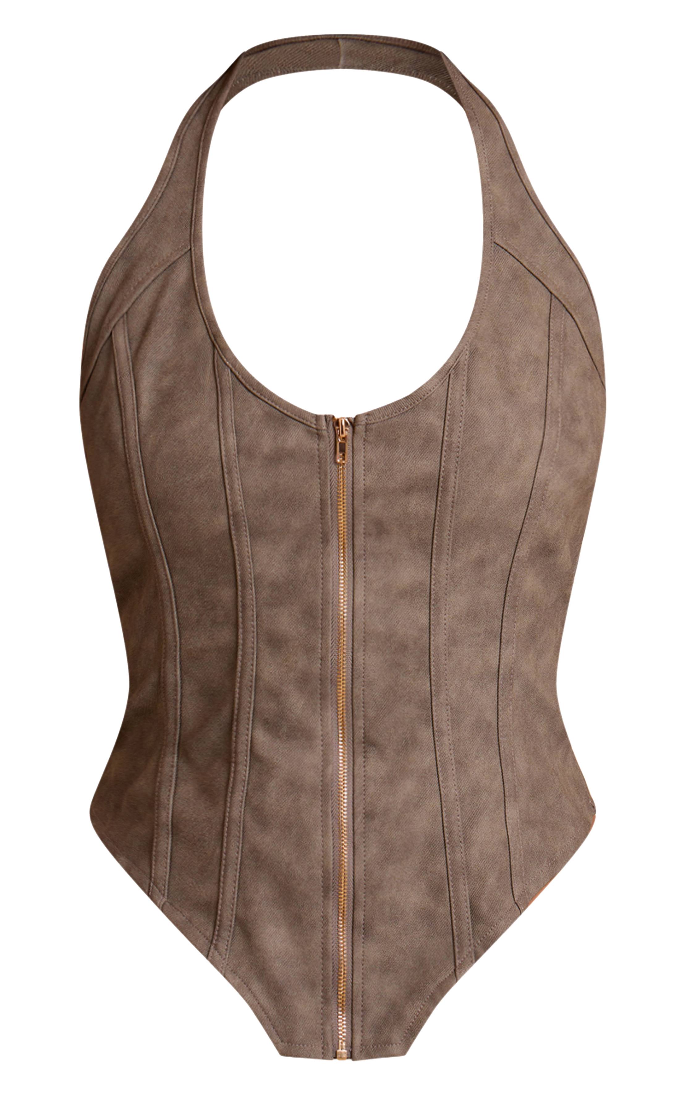 Vert Olive Corset À Baleines En Synthétiquecuir Texturé Avec Ourlet Plongeant