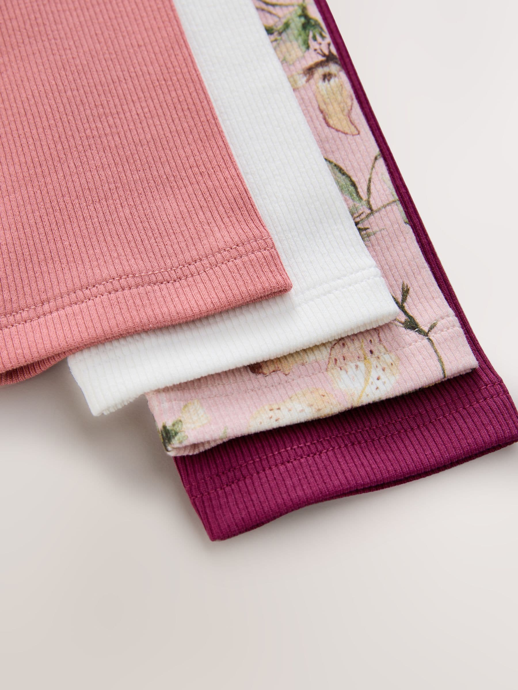 Roze met bloemenprint - Set van 4 geribbelde T-shirts met lange mouwen (3-16jr)