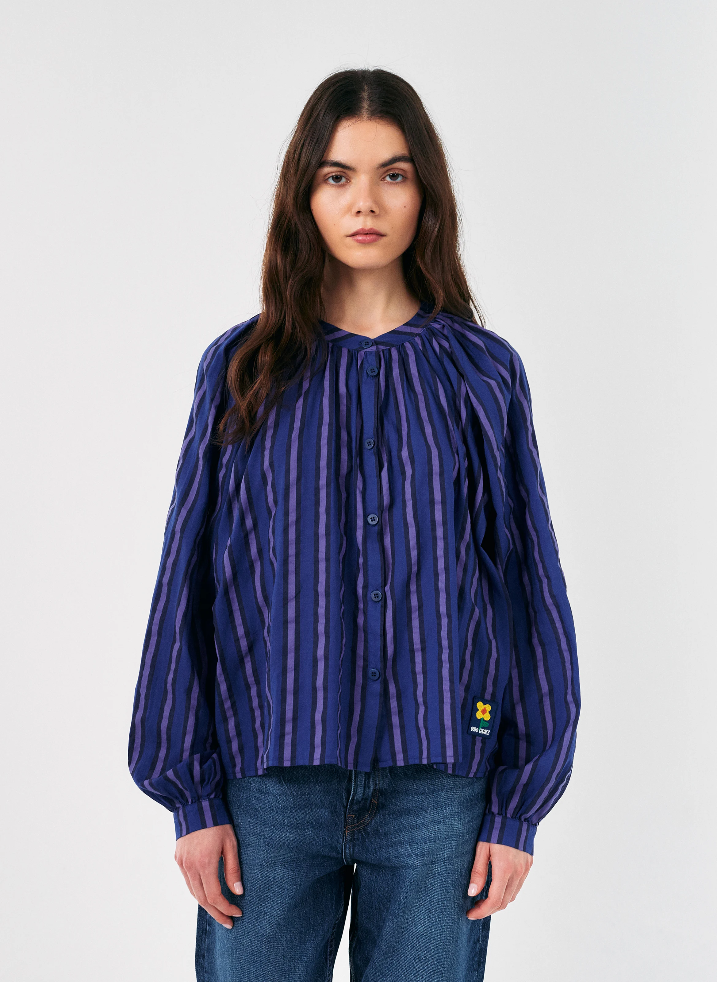 Chemise droite col rond en coton bio rayé | Multicolore