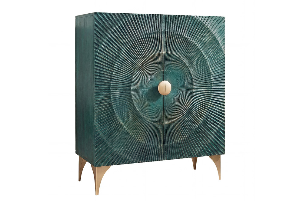Massives Highboard GOLDEN SUNSET 120cm türkis gold Mangoholz mit 3D Schnitzereien