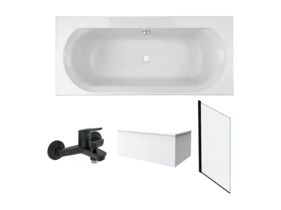 Pack baignoire droite 180 x 80 JACOB DELAFON Elise + tablier angle + mitigeur bain Aimé noir + pare bain noir + vidage