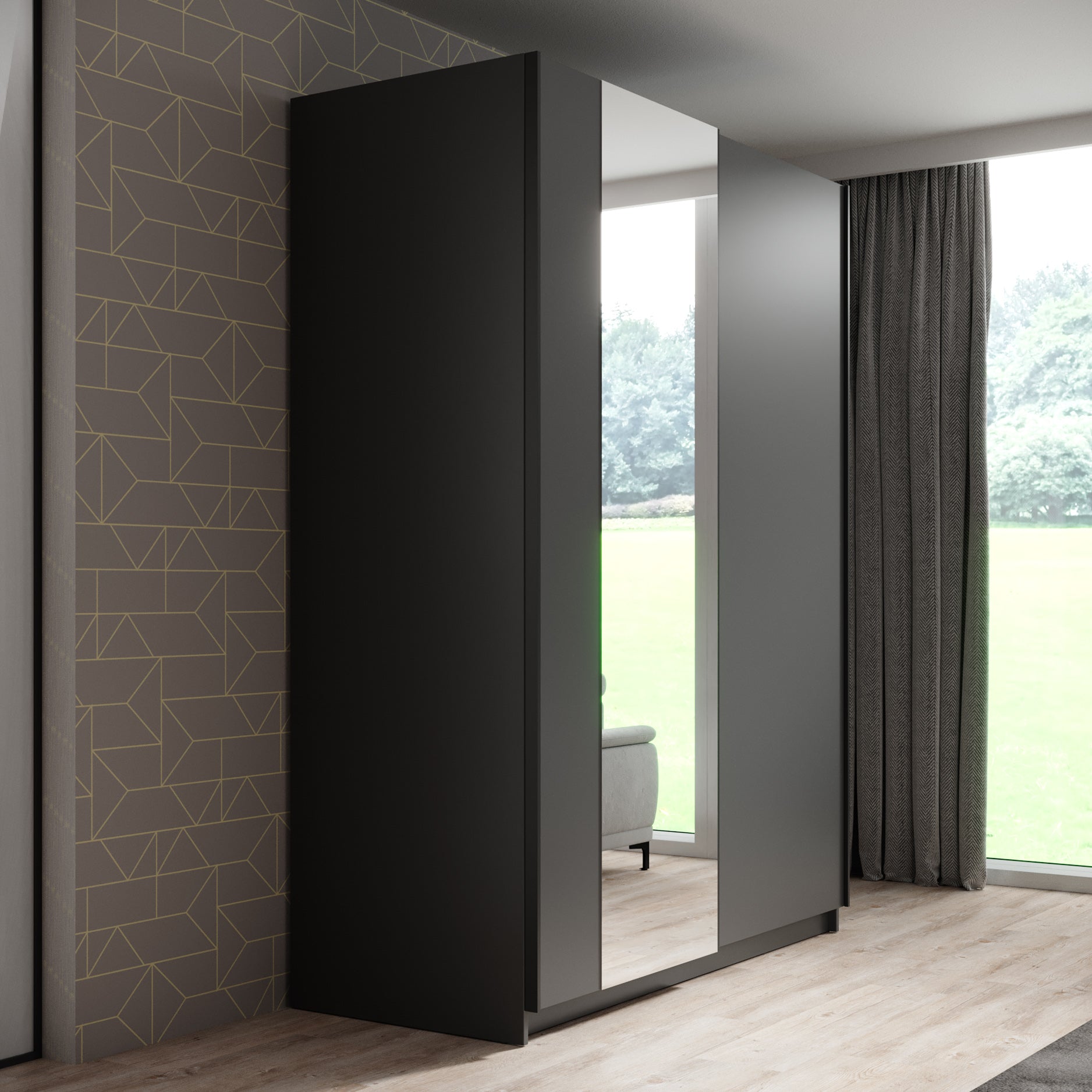 Ganaro - Kledingkast met spiegel - Grijs - 150x62x198 cm