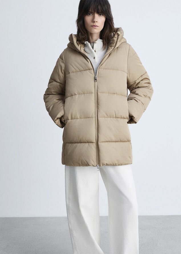 MANGO Hood quilted coat Light beige