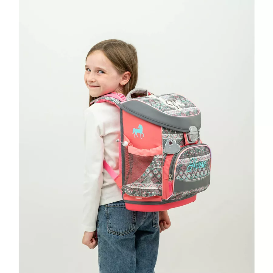 Belmil Schulranzen Mini Fit Schulranzen Set 5-teilig mit Brustgurt Horse Aruba Blue