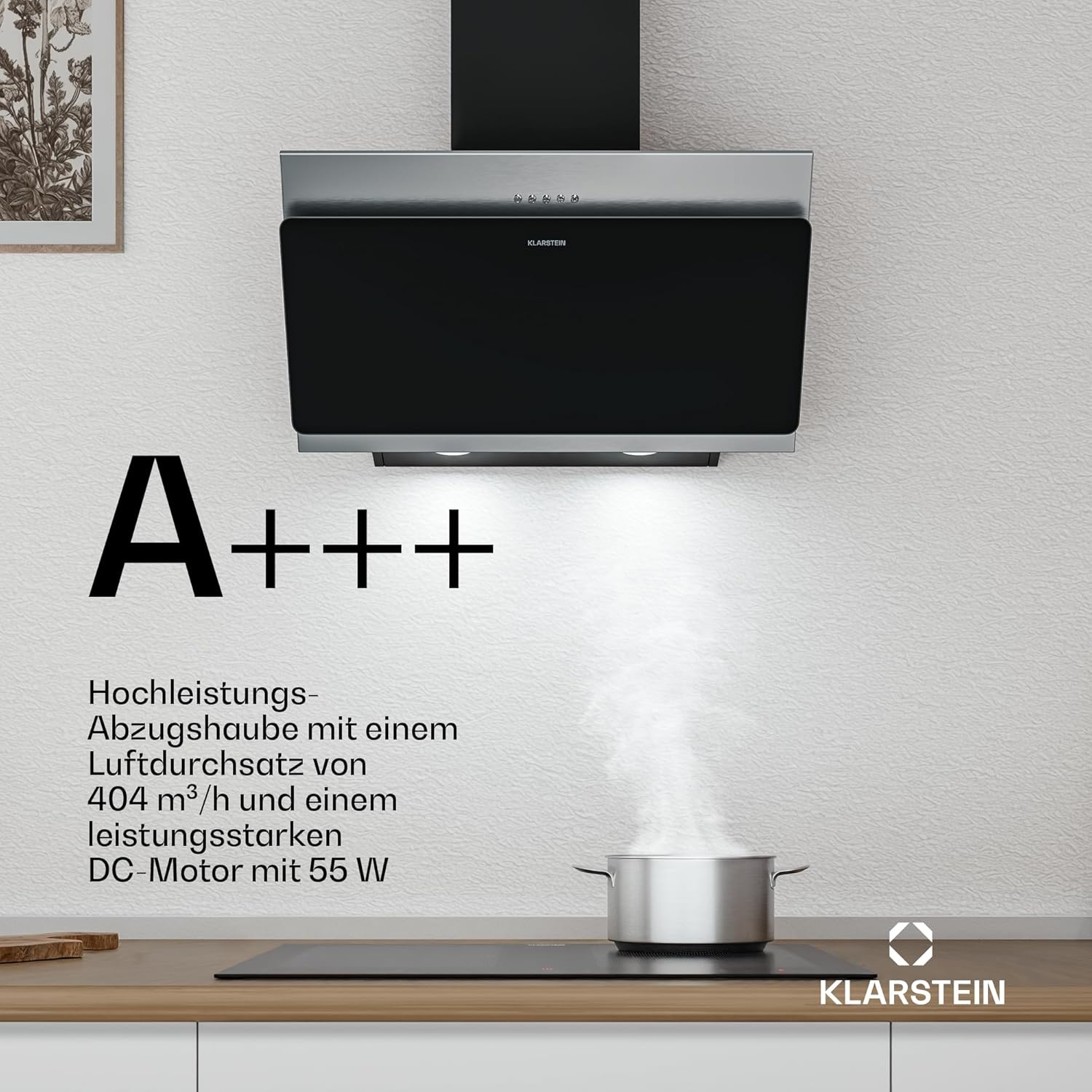 Klarstein Alessia Kopffreihaube - 60cm Abzugshaube, Edelstahl & Schwarzglas, 404 m³/h, A+++ Energieeffizienz, LED-Beleuchtung, 3+Boost Stufen, Umluft & Abluft, Dunstabzugshaube Küche