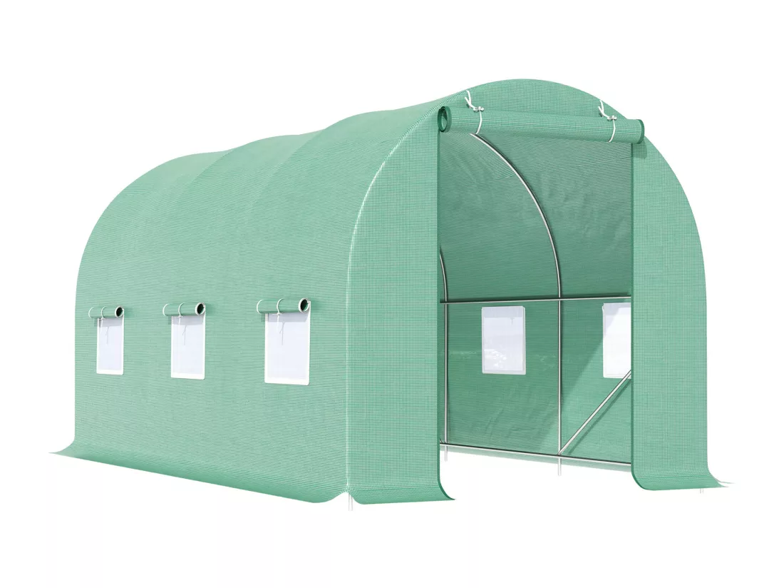 Serre de jardin tunnel 4,5L x 2l x 2H m châssis tubulaire acier galvanisé renforcé 1,8 cm 6 fenêtres 1 porte vert