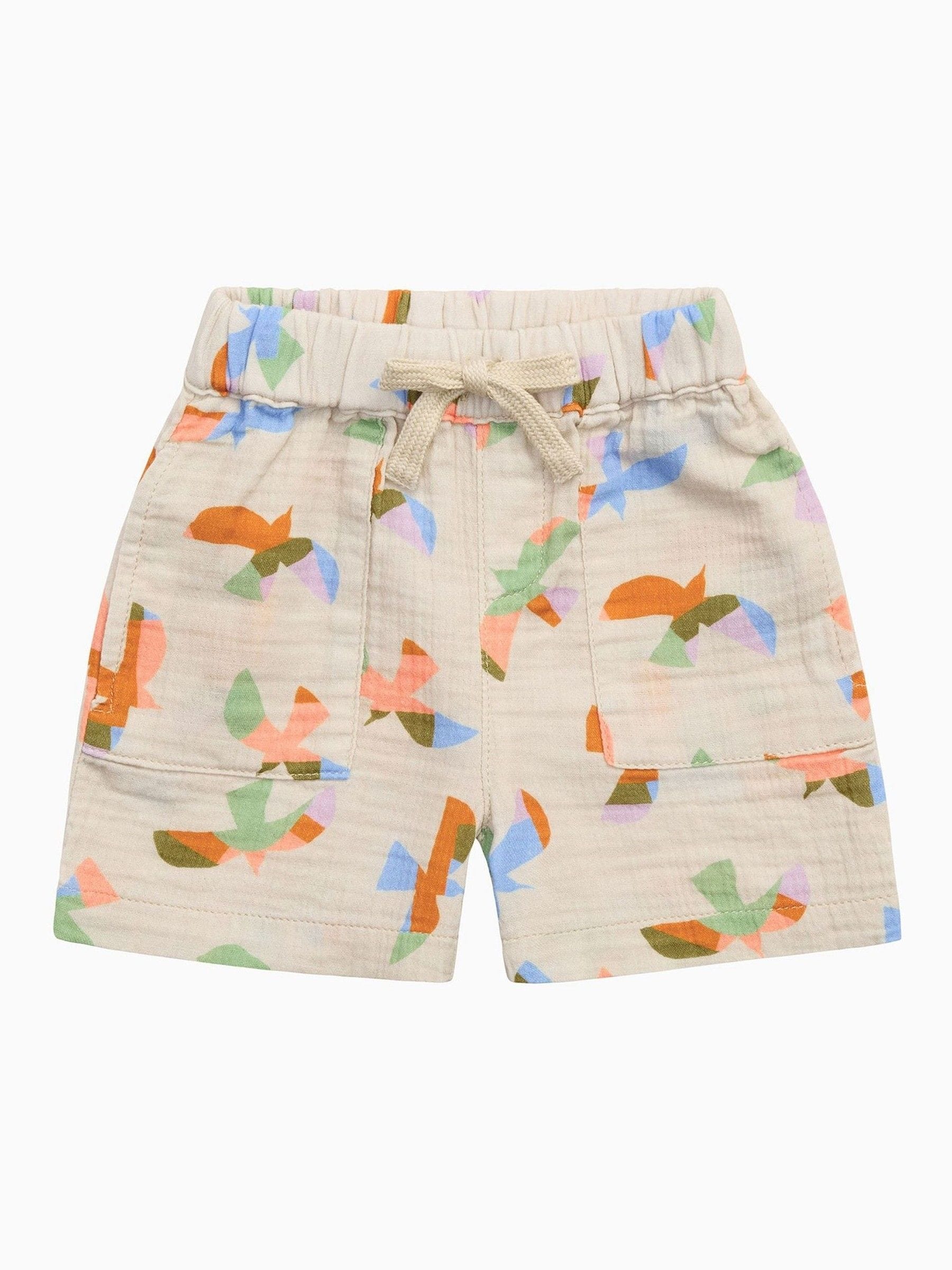 KIDLY BY MORI Cream Bird Print Cotton Muslin Shorts