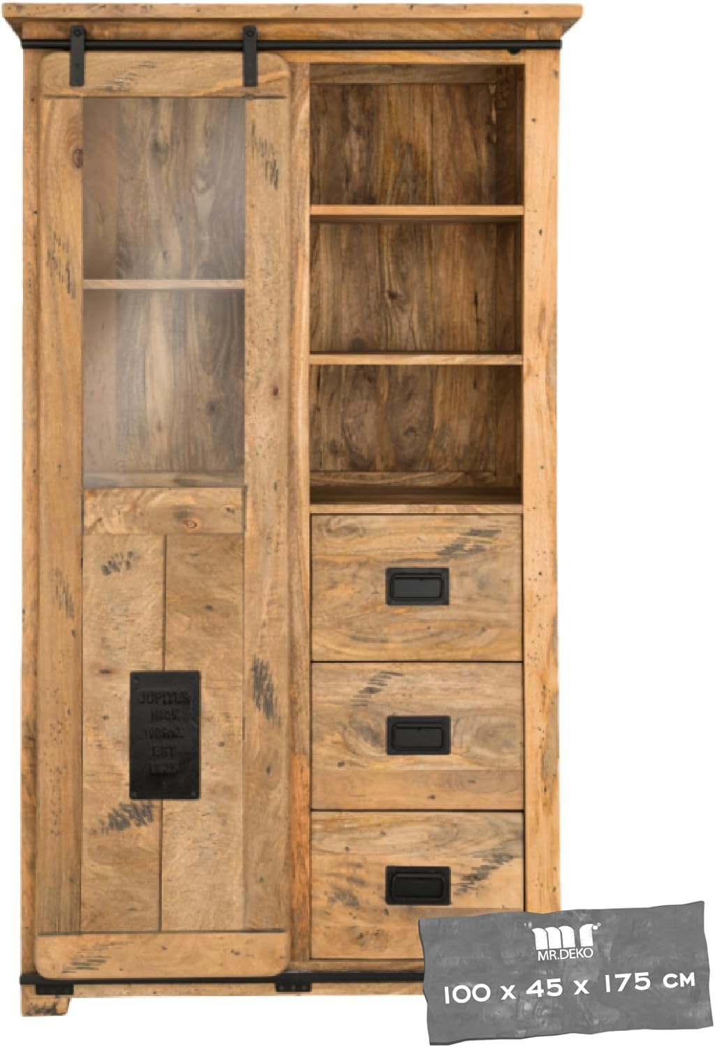Vitrine Florenz Mango Holz | Vitrinenschrank mit Glas & Schiebetür | Bücherregal im Retro Stil | Schubladenschrank für Wohnzimmer Esszimmer Flur | Massives Sideboard Highboard 100x45x175cm