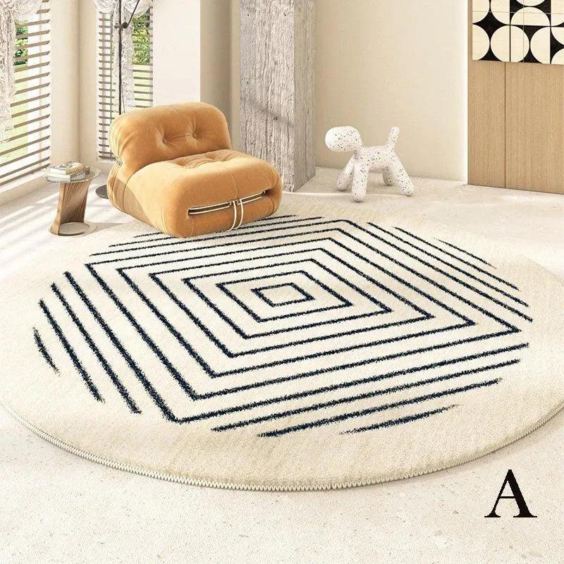 Minimalist Geometric Black Line Pattern Round Carpet |  Modern Home Large Area Plush Rugs