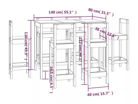 Ensemble de bar 7 pcs Bois de pin massif