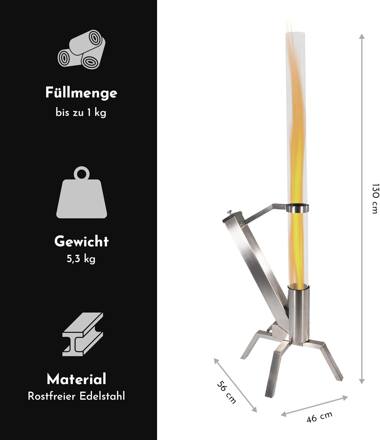 Pelletfackel Edelstahl mit Glasröhre, Feuerrohr Feuersäule mit ca. 75 Minuten Brenndauer, dekoratives Pelletfeuer für Garten & Terrasse, wetterfestes Terrassenfeuer für gemütliche Abende