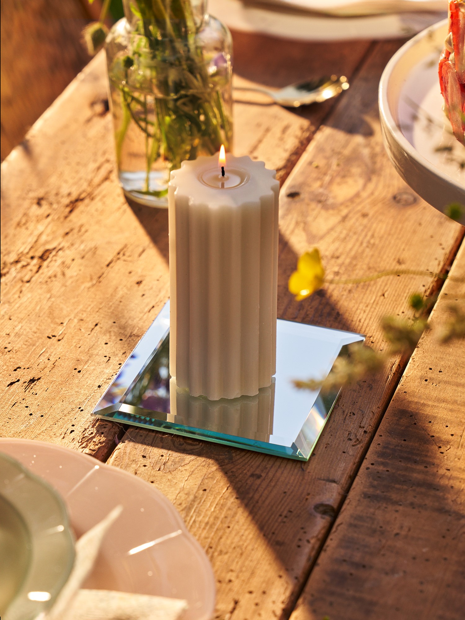 Stearinlysfad med spejl | Glas. 10 x 10 cm. | Silver