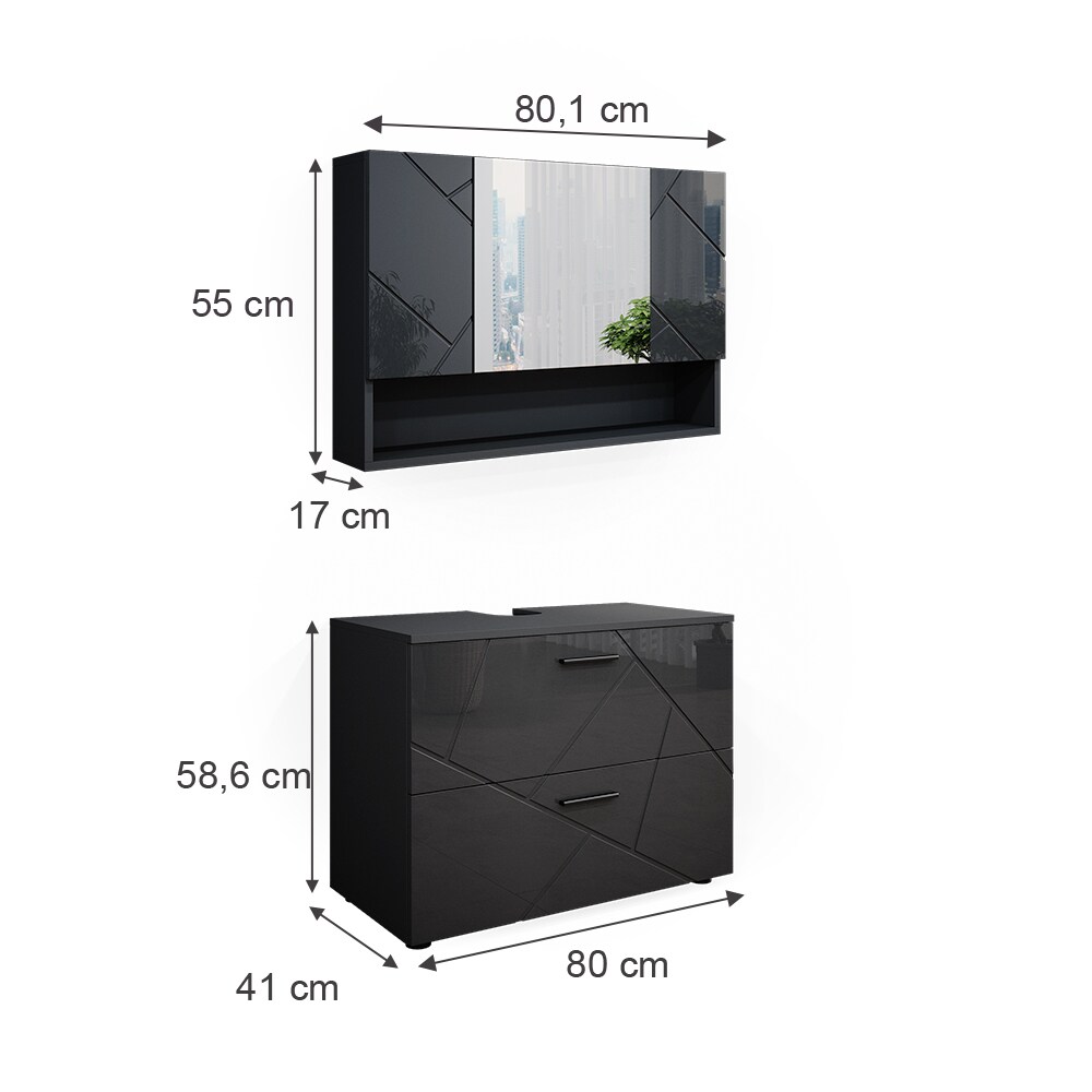 Vicco Badmöbelset Irma Anthrazit Hochglanz modern 80 cm Badezimmerschrank Badschrank Badezimmermöbel Waschtischunterschrank Spiegelschrank Schranktür Schrankfach Schrankschublade Ablage Aufbewahrung