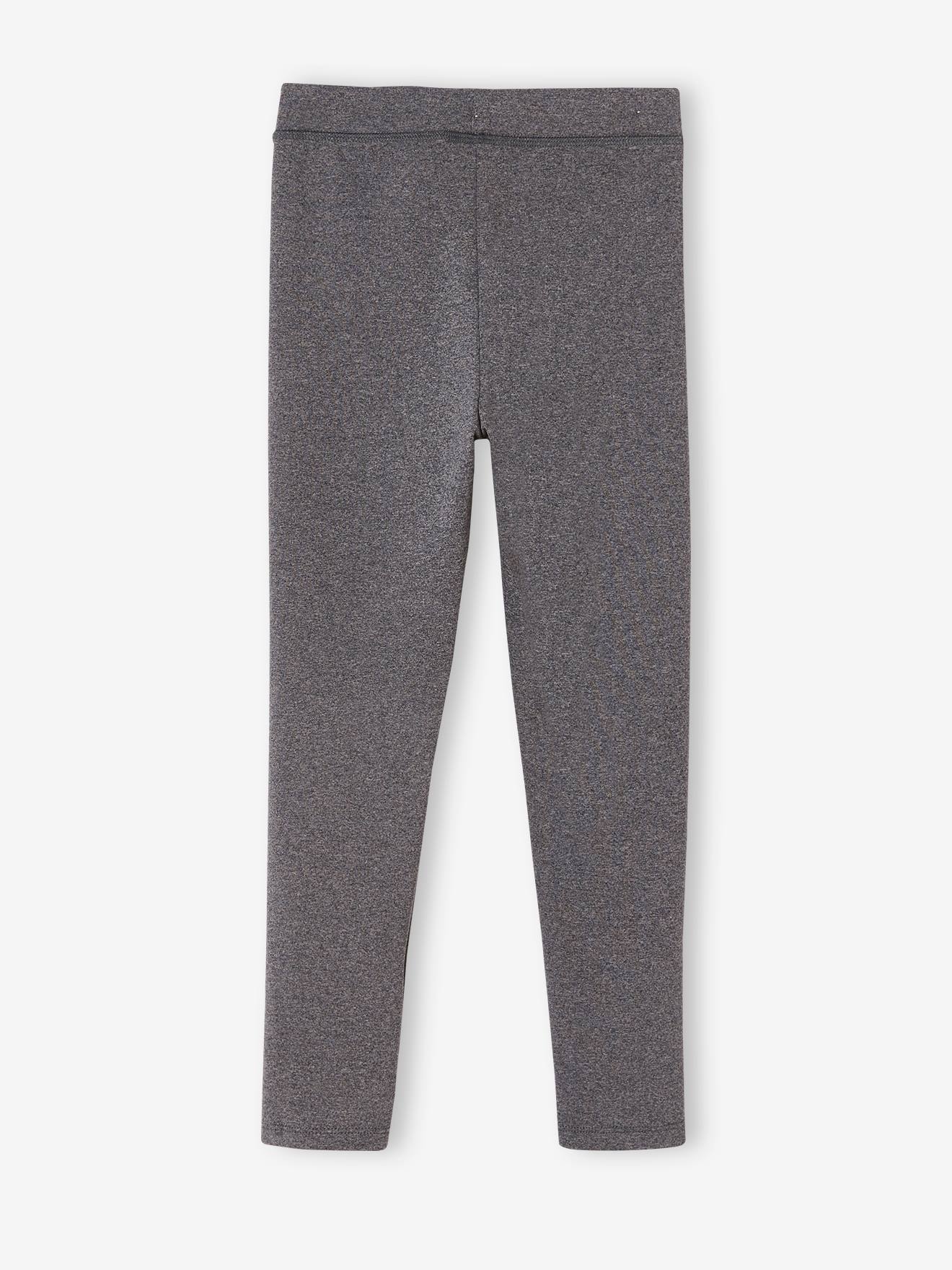 Leggings esportivas lisas rosa claro para meninas com letras metálicas na perna.