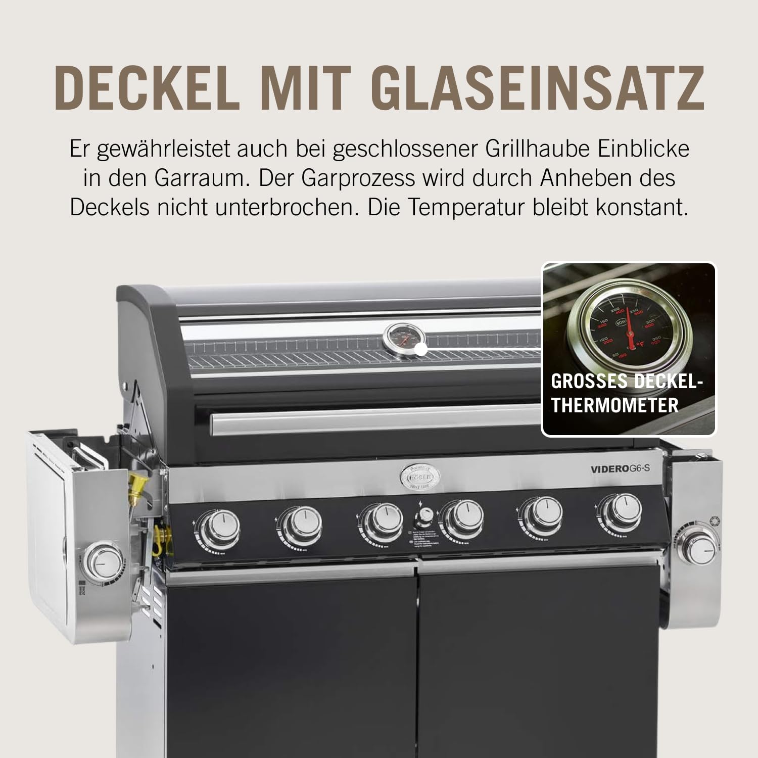 RÖSLE Gasgrill BBQ-Station VIDERO G6-S Schwarz, Grill mit 6 Edelstahlbrennern, extra Primezone und Seitenbrenner, klappbare Seitentische, VARIO+, pulverbeschichteter Stahl
