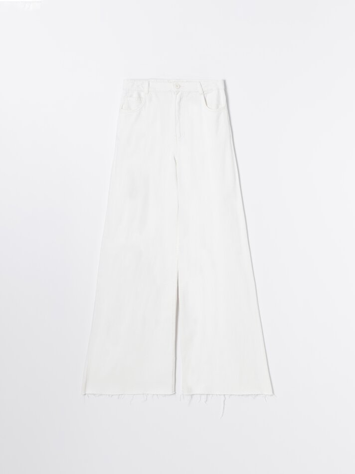 Calça jeans de perna larga - Bege