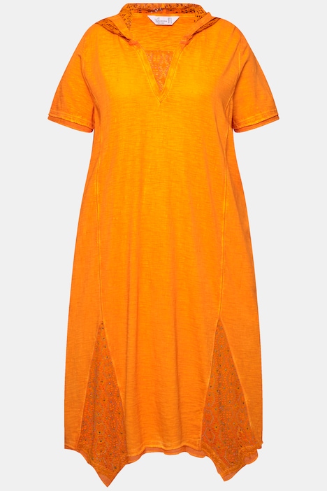 Jerseykleid, A-Linie, cold dyed, Kapuze, Stickerei-Einsätze, Halbarm