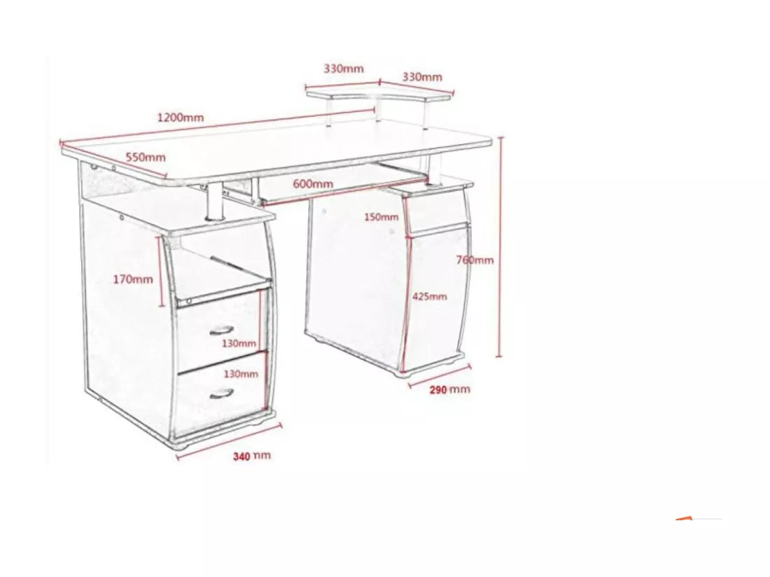 Bureau Informatique Table de Bureau en MDF pour Ordinateur Multi-Rangements avec Tablette Imprimante, Tablette à Clavier Coulissante, 2 Tiroirs 120x55x85cm Blanc