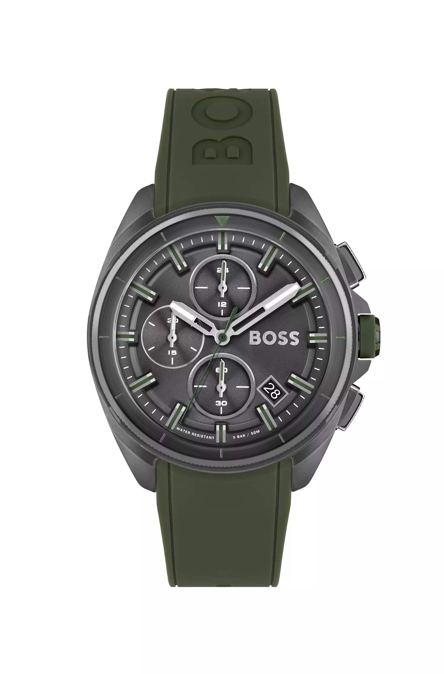 Relógio cronógrafo BOSS com revestimento em tons de laranja e cinza e pulseira de silicone verde-oliva.