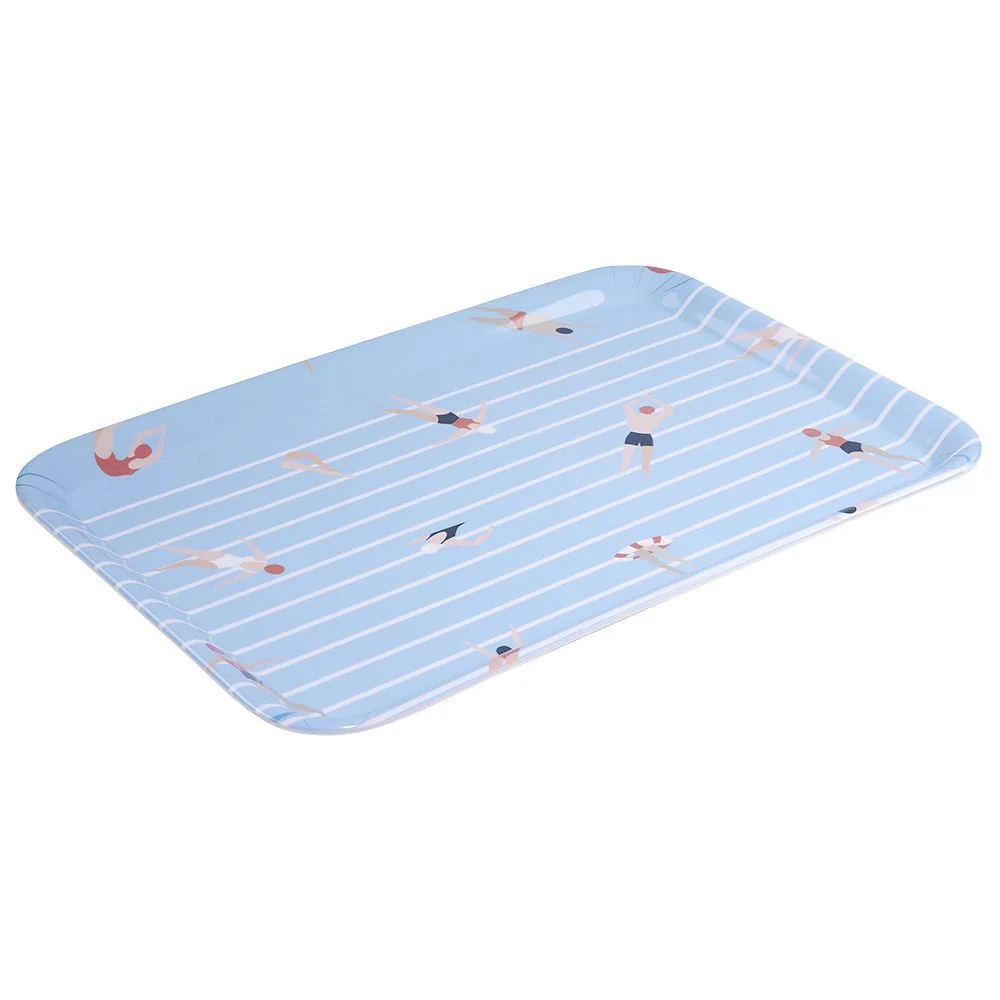 Plateau rectangulaire rayé bleu blanc motif nageur - plastique 45x31cm